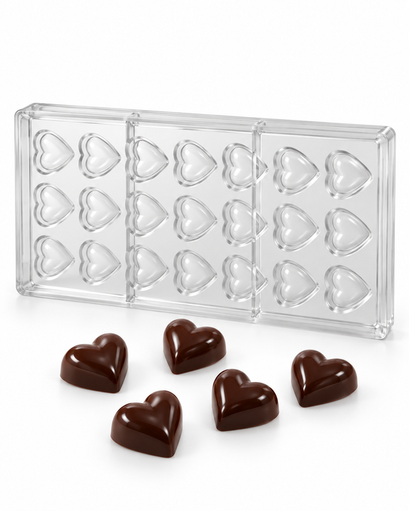 13g heart polycarbonate chocolate mold with 21 cavities and finished heart chocolates