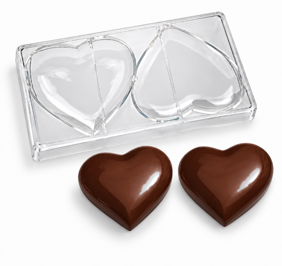 246g large heart polycarbonate chocolate mold with 2 cavities and finished heart chocolates