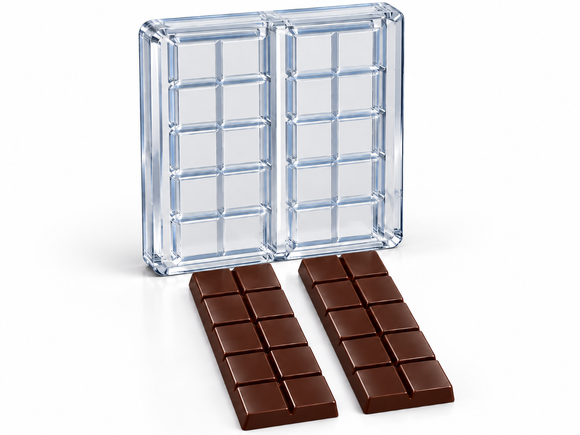 339g 10-piece polycarbonate chocolate bar mold with 2 bars and finished segmented chocolate bars