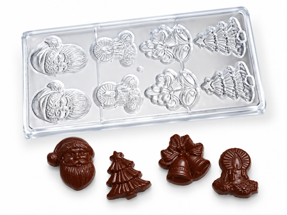 36g Christmas polycarbonate chocolate mold with 8 cavities and finished Christmas chocolates