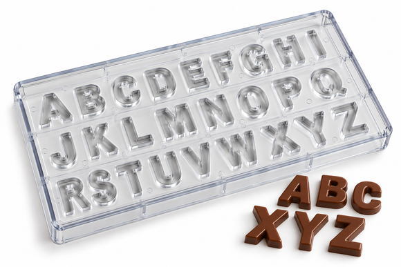 4g alphabet letter polycarbonate chocolate mold with 26 A-Z cavities and finished chocolate letters