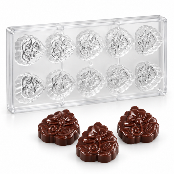 51g ornate floral polycarbonate chocolate mold with 10 cavities and finished floral chocolates