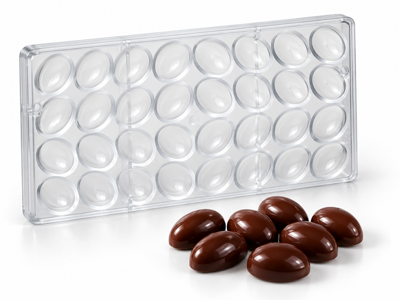 6g oval polycarbonate chocolate mold with 32 cavities and finished oval chocolates