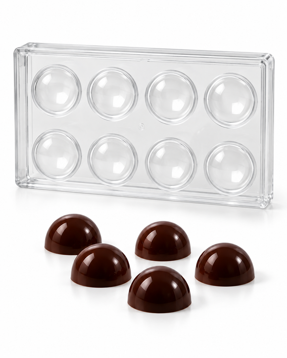 74g large dome polycarbonate chocolate mold with 8 cavities and finished dome chocolates