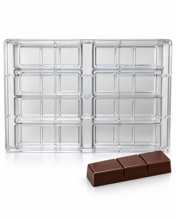 80g three-piece polycarbonate chocolate bar mold with eight cavities in four rows of two and a matching three-segment chocolate bar.