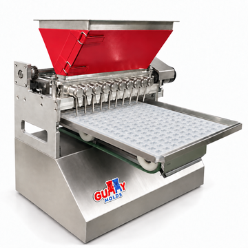 Three-quarter view of Gummy Molds 10-nozzle commercial gummy depositor with red heated hopper and clear silicone gummy mold
